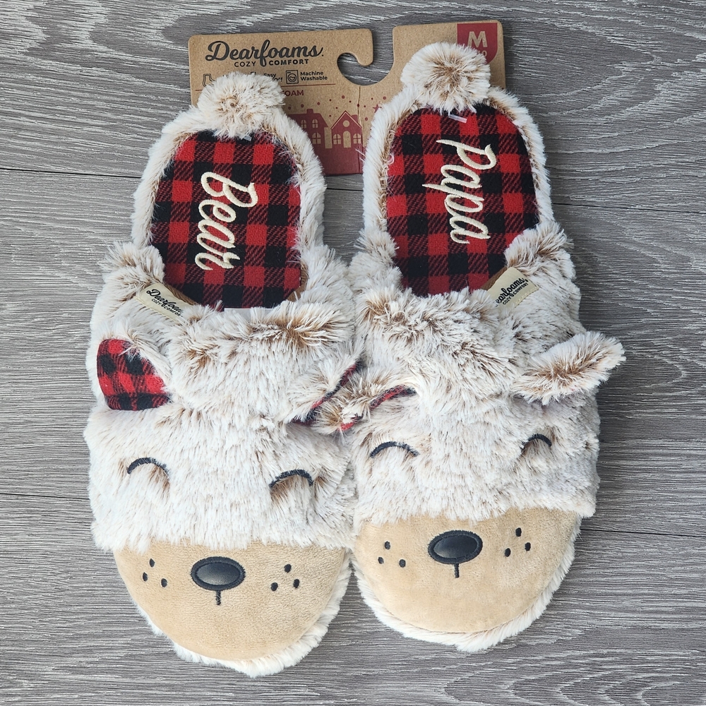 Dearfoams Bear Slippers with Plaid Lining